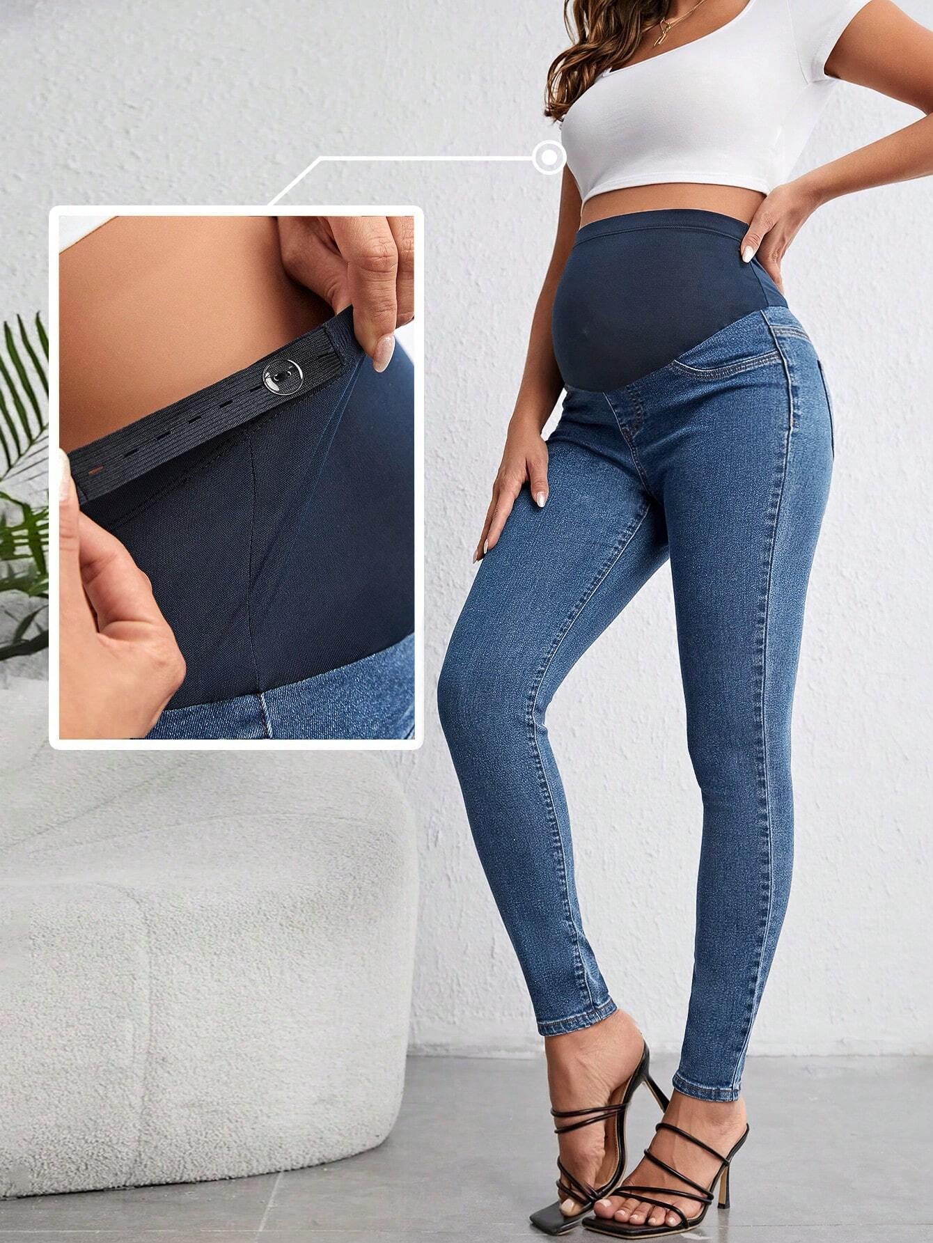 Pregnant Women Color Block Splicing High Waisted Slim Fit Denim Pants for Maternity Jeans