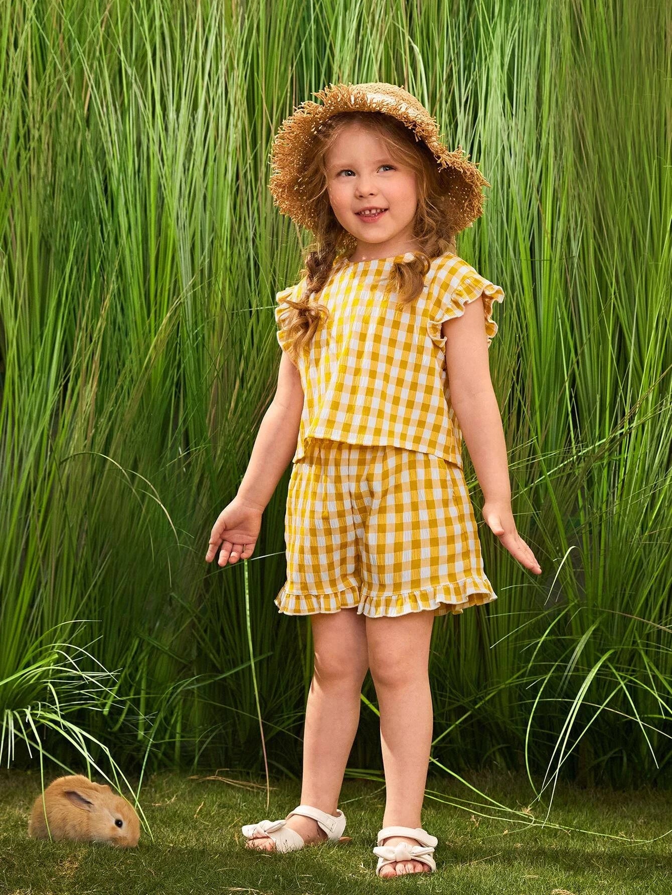 Young Girl Gingham Print Frill Wrap Blouse & Shorts Set