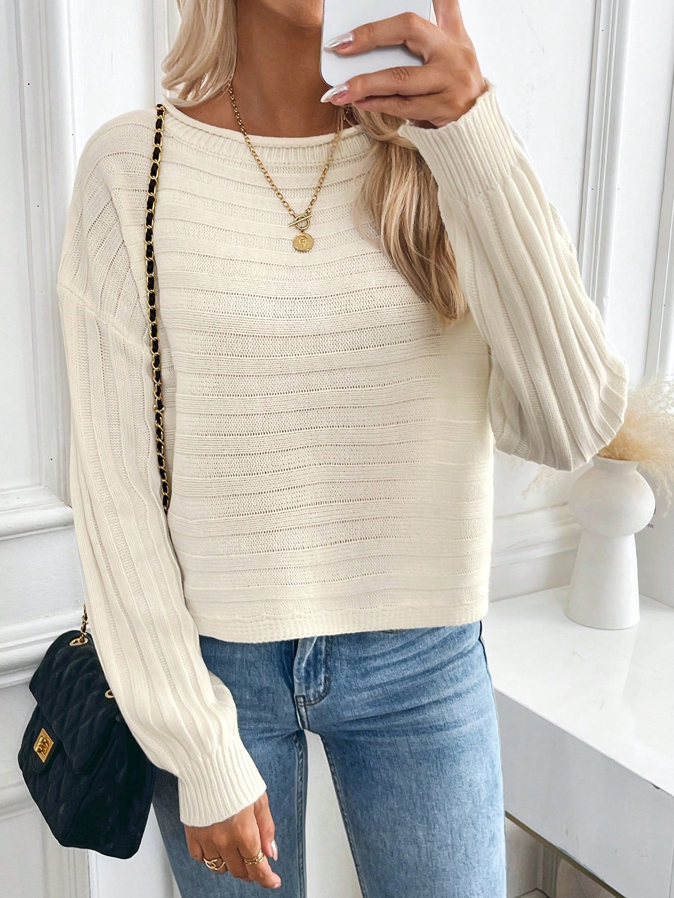 LUNE 2024 Early Autumn/Winter Women'S Off-Shoulder Solid Color Loose Casual Slouchy Sweater