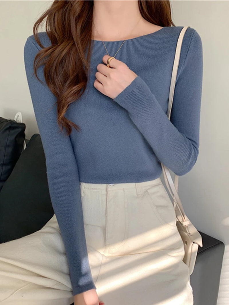 Autumn Winter Women Sweaters Slash Neck Slim Knitted Pullovers Chic Basic Solid Jumper Female Sweater Casual Jersey Tops