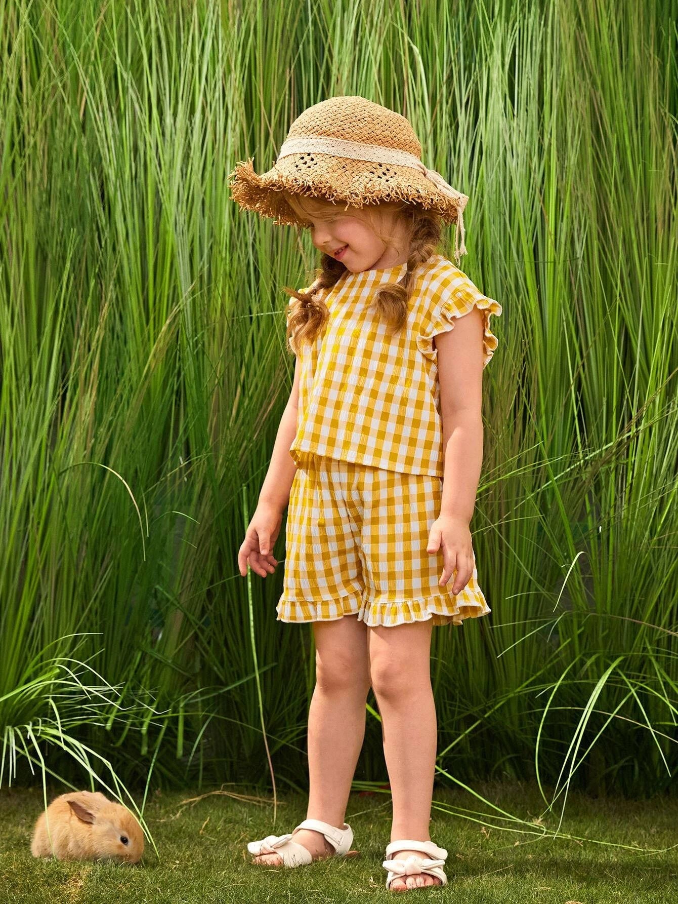 Young Girl Gingham Print Frill Wrap Blouse & Shorts Set