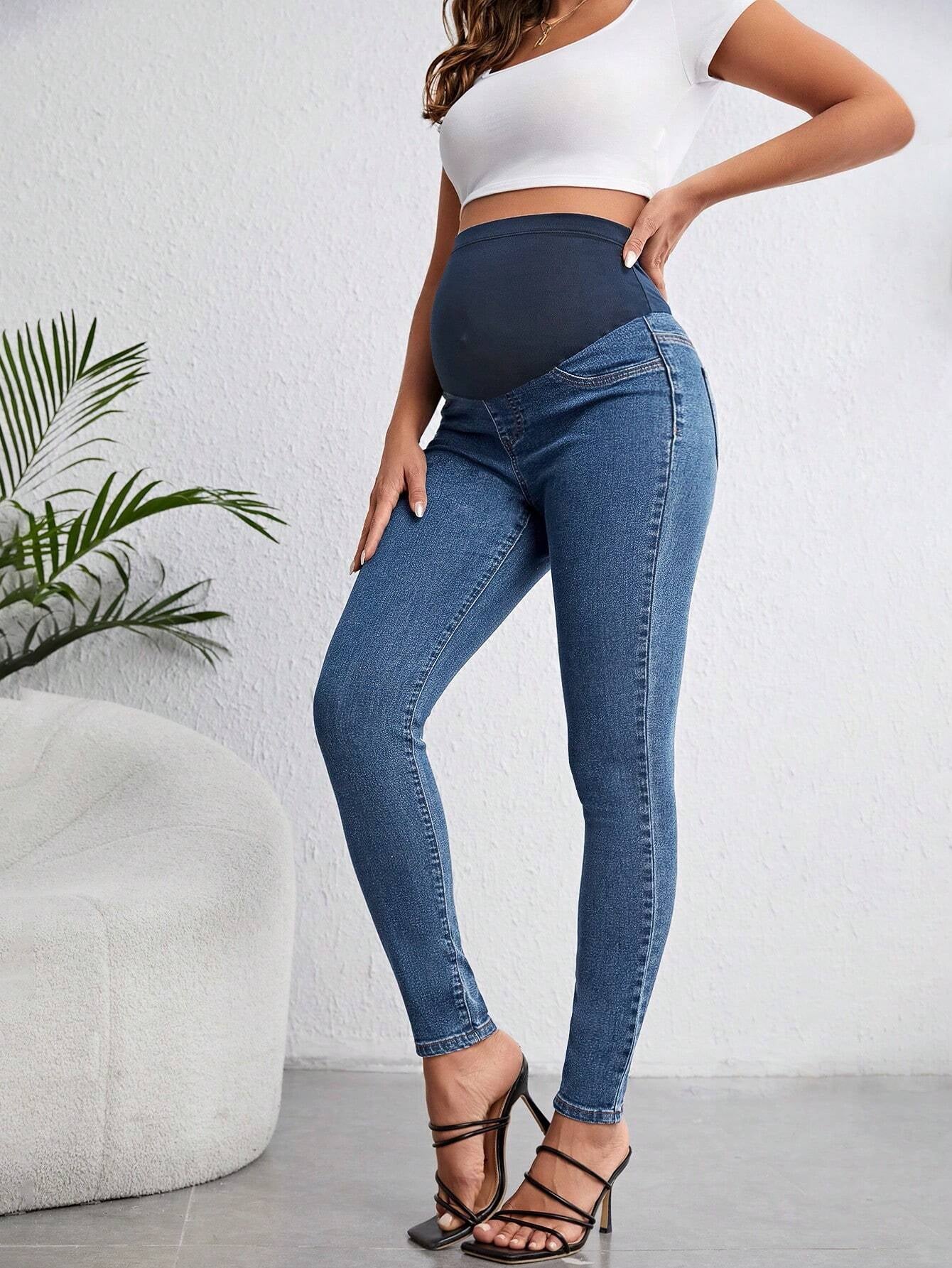 Pregnant Women Color Block Splicing High Waisted Slim Fit Denim Pants for Maternity Jeans