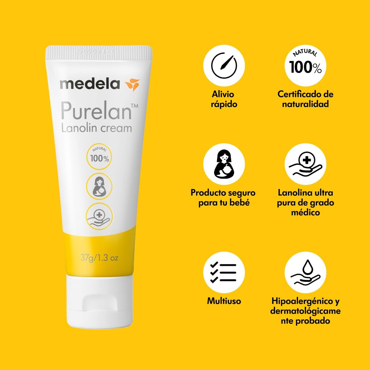 Medela Crema De Lanolina Purelan Para Pezones, Alivio Para Pezones Doloridos Y Piel Seca, a Base De Ingredientes Naturales, Hipoalergénica Y Probada Dermatológicamente, Sin Fragancia, 37 G