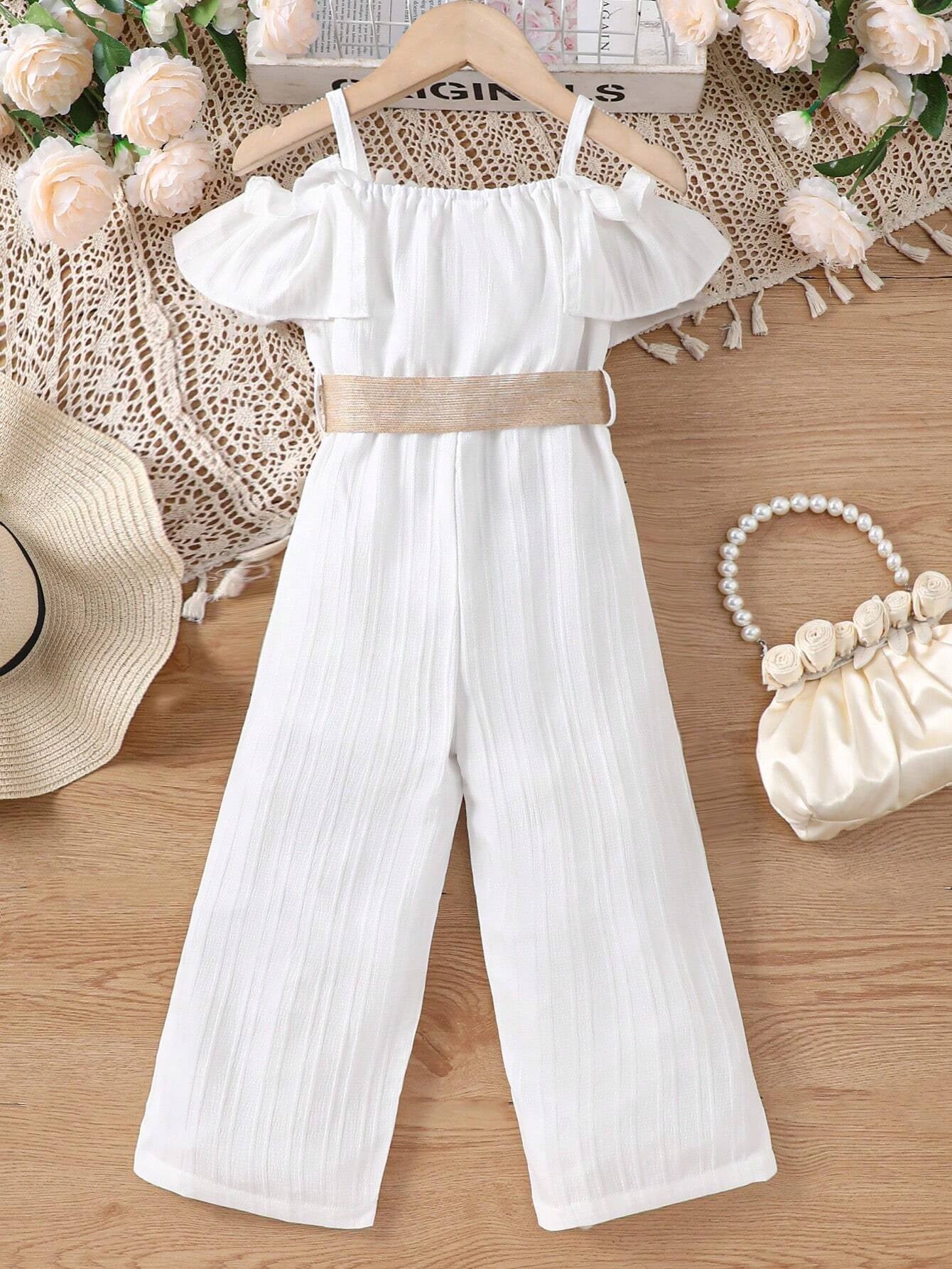 Young Girl Off-Shoulder Jumpsuit with Ruffle Trim