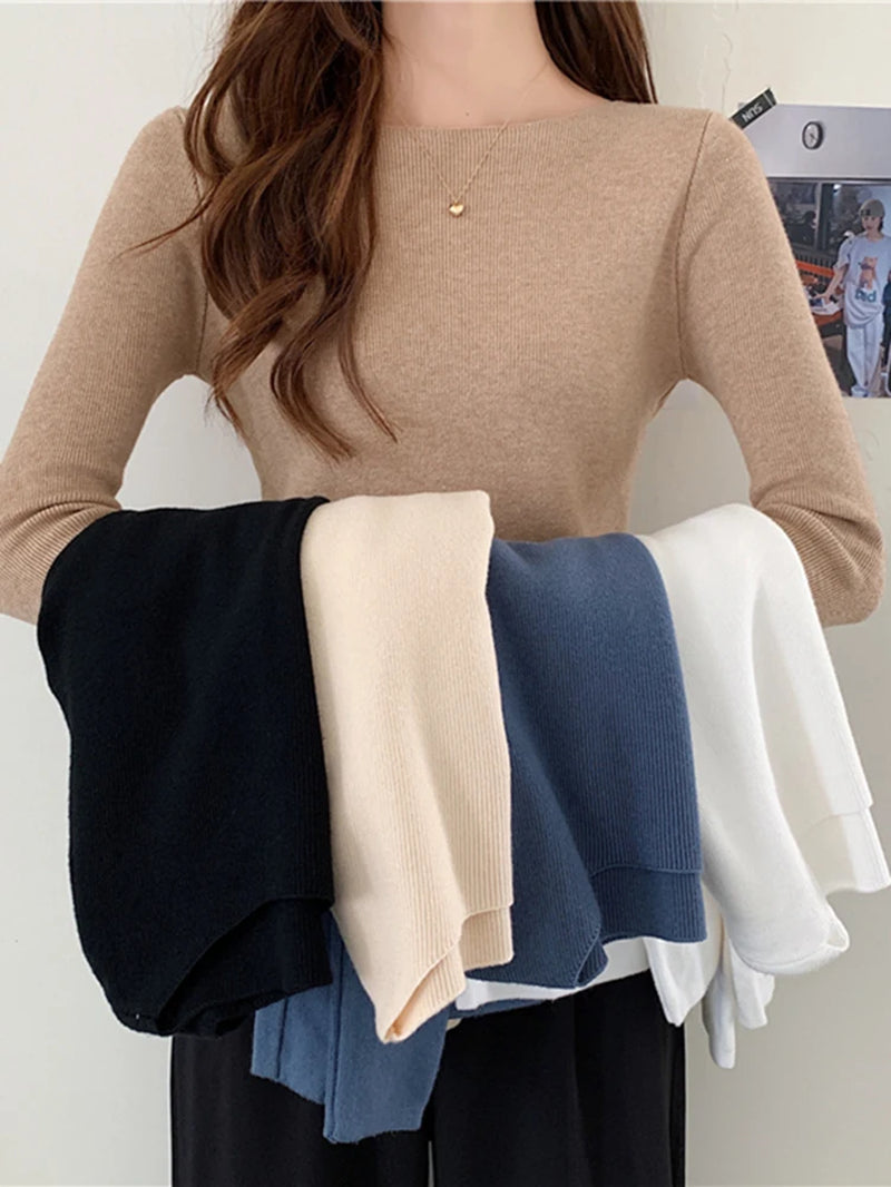 Autumn Winter Women Sweaters Slash Neck Slim Knitted Pullovers Chic Basic Solid Jumper Female Sweater Casual Jersey Tops