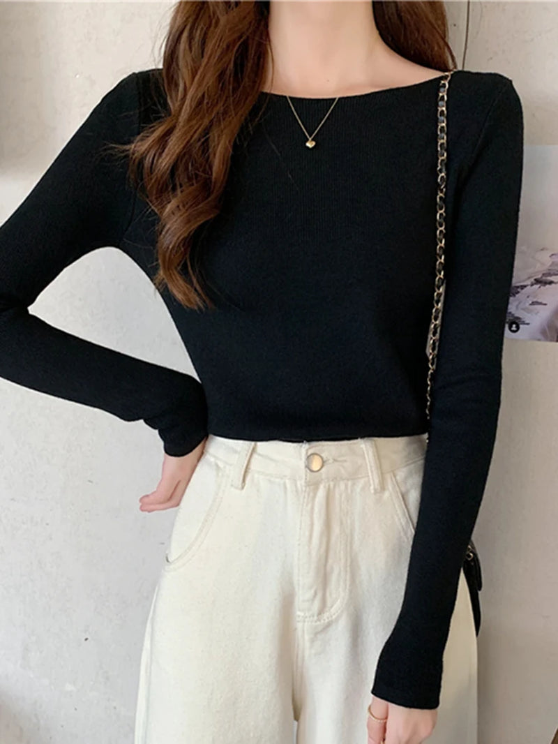 Autumn Winter Women Sweaters Slash Neck Slim Knitted Pullovers Chic Basic Solid Jumper Female Sweater Casual Jersey Tops