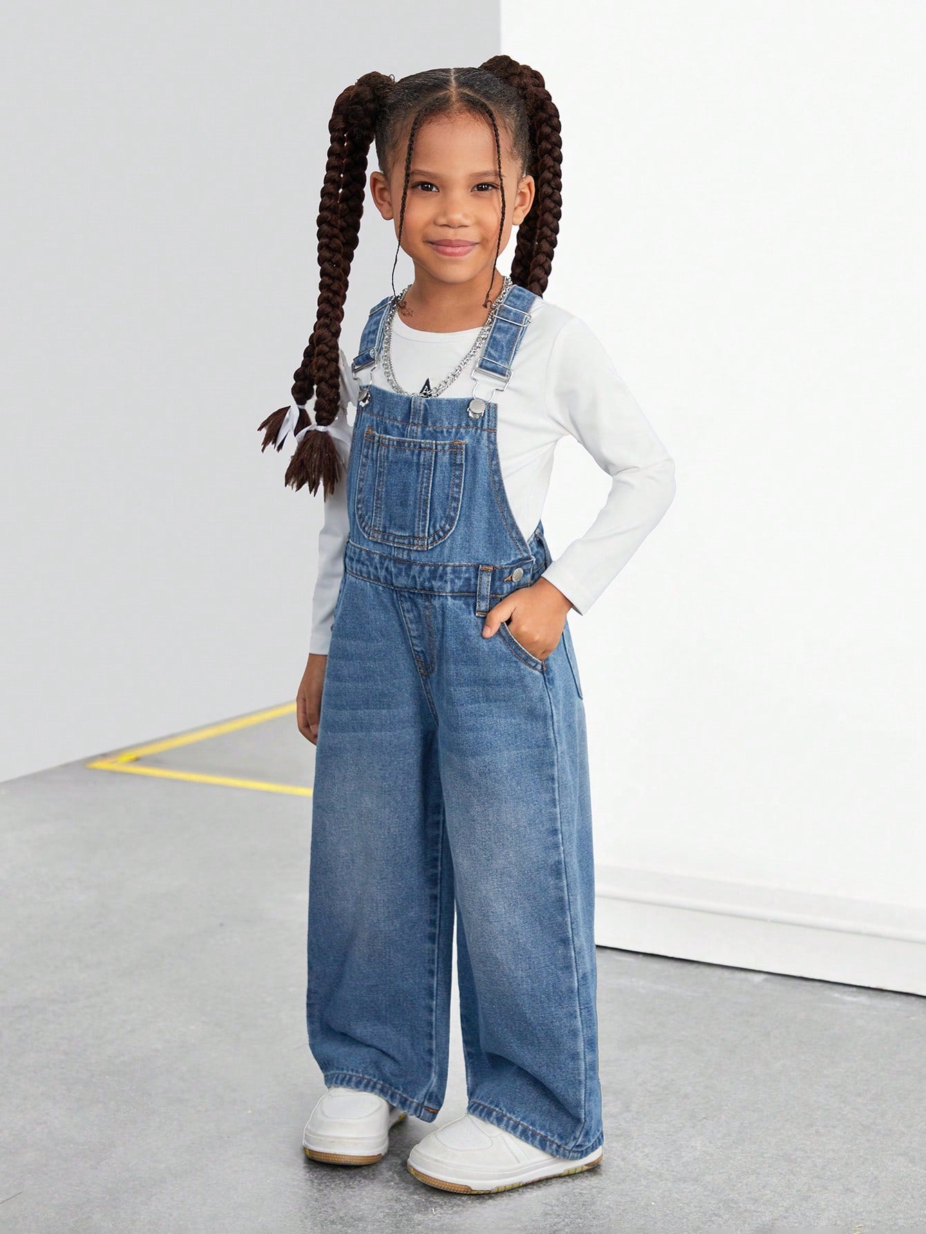 Young Girl Pocket Wide Leg Loose Casual Denim Bib Pants