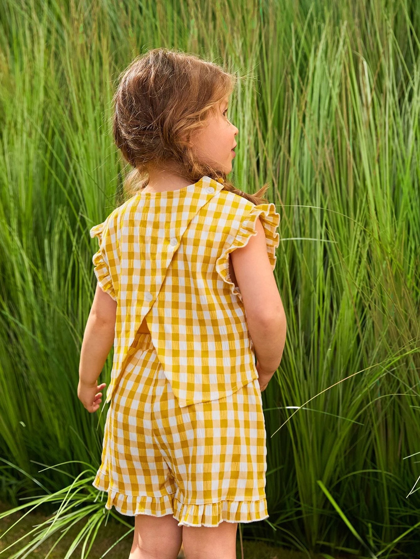 Young Girl Gingham Print Frill Wrap Blouse & Shorts Set