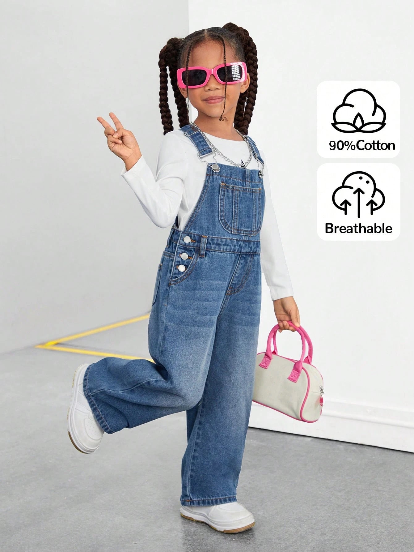 Young Girl Pocket Wide Leg Loose Casual Denim Bib Pants