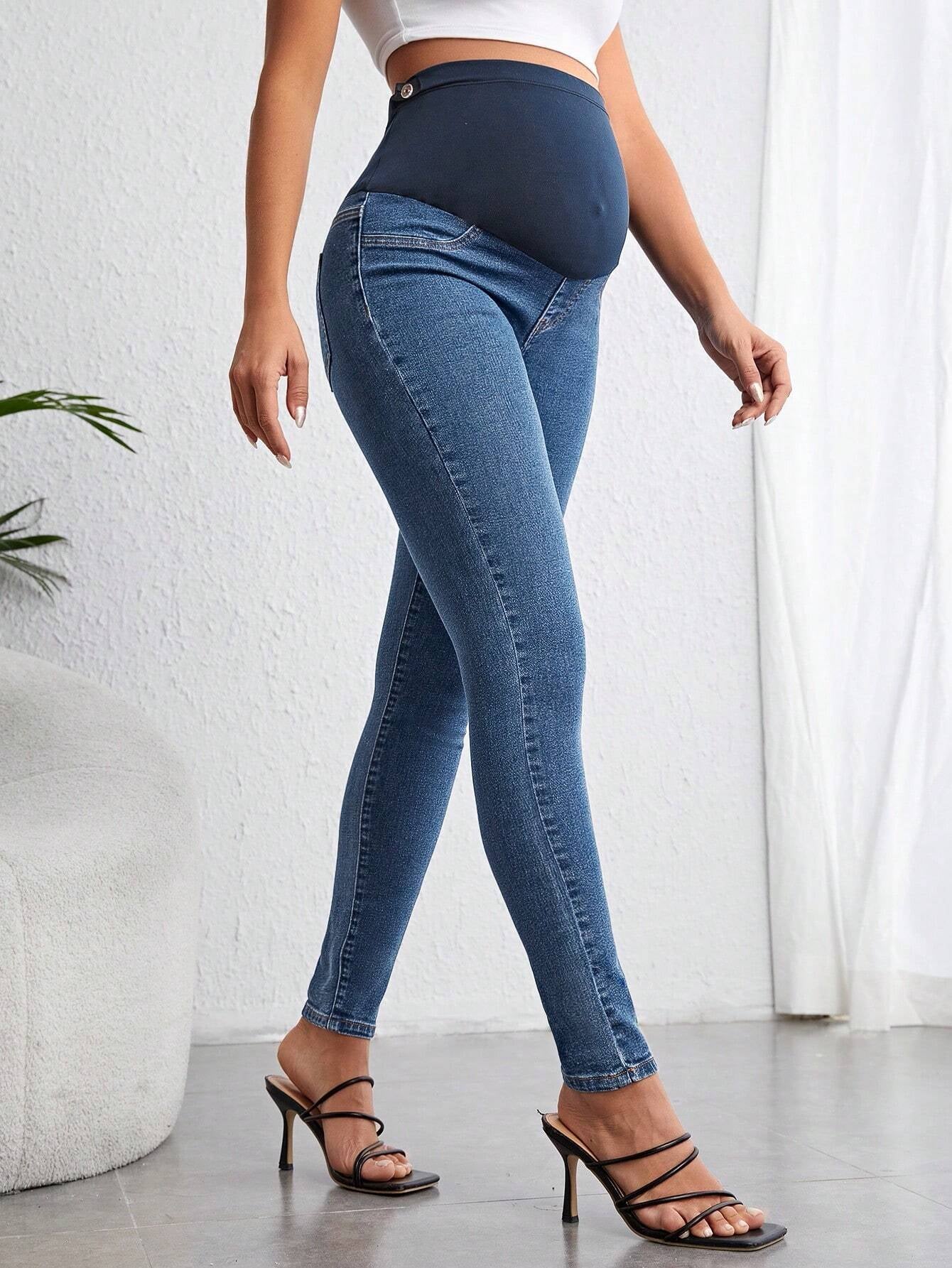 Pregnant Women Color Block Splicing High Waisted Slim Fit Denim Pants for Maternity Jeans