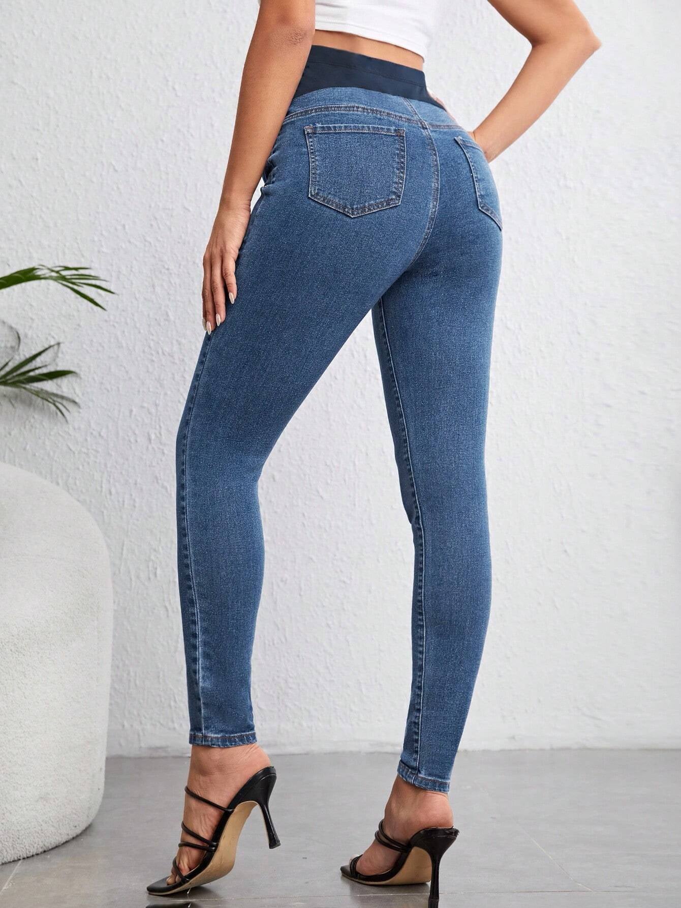Pregnant Women Color Block Splicing High Waisted Slim Fit Denim Pants for Maternity Jeans