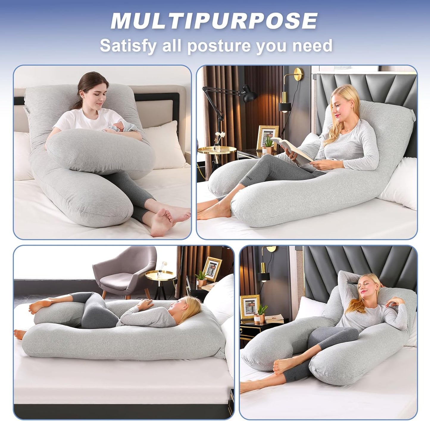 Almohada Embarazada - Almohada De Embarazo - Almohada De Cuerpo Completo En Forma De U - Almohada De Maternidad Con Funda De Almohada De Punto Extraíble Y Lavable - 145X70 Cm - Gris