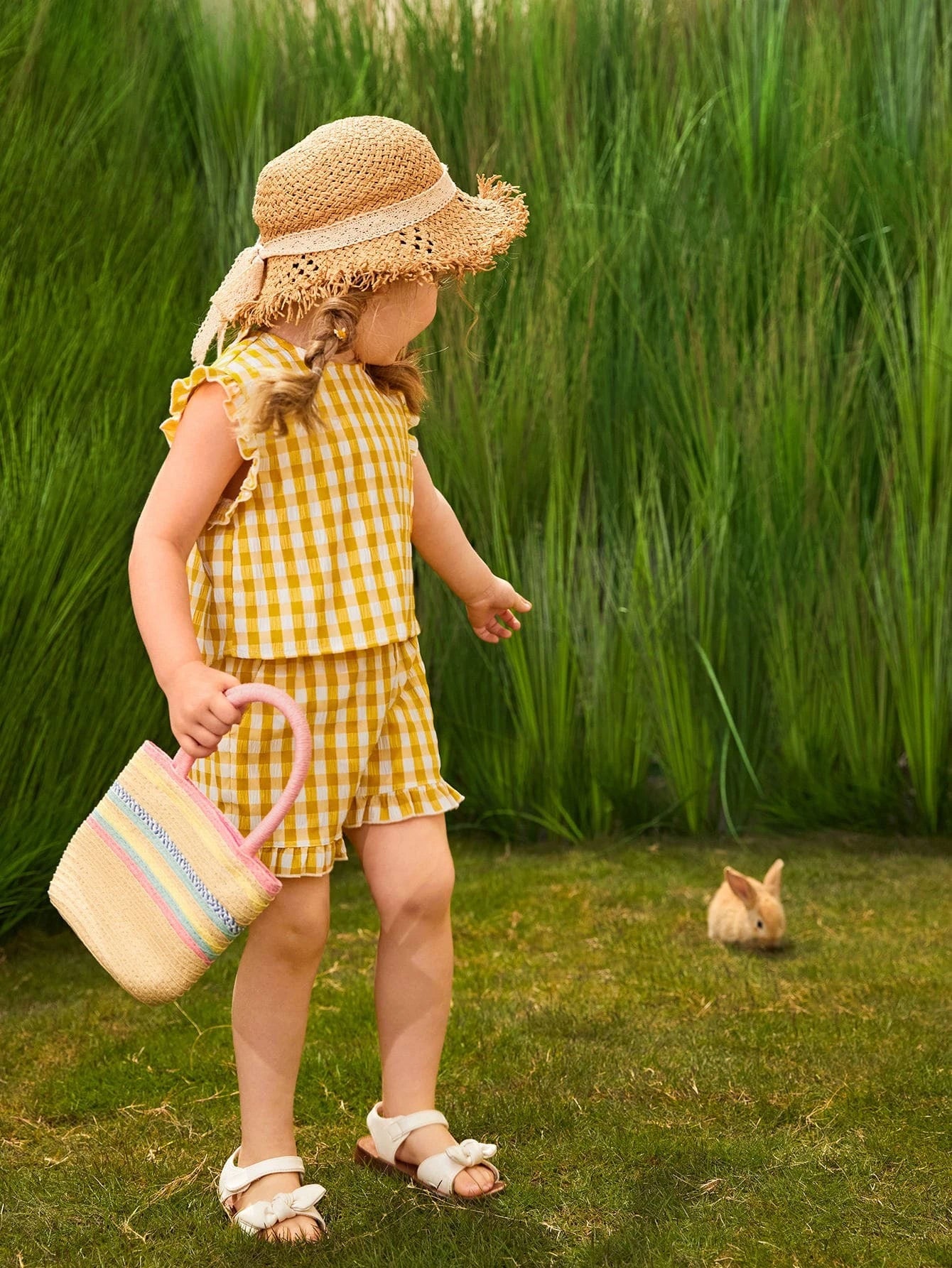 Young Girl Gingham Print Frill Wrap Blouse & Shorts Set