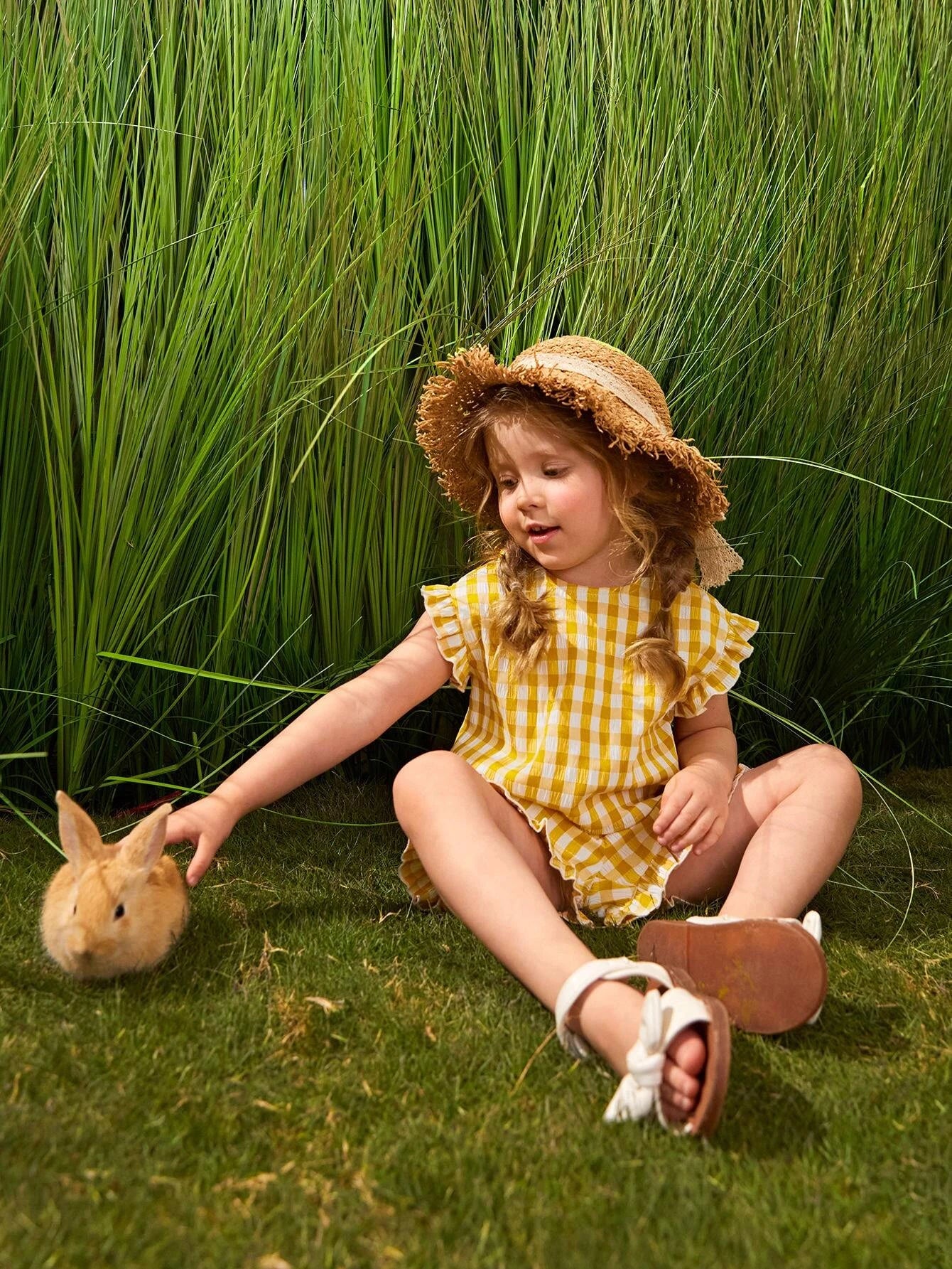 Young Girl Gingham Print Frill Wrap Blouse & Shorts Set