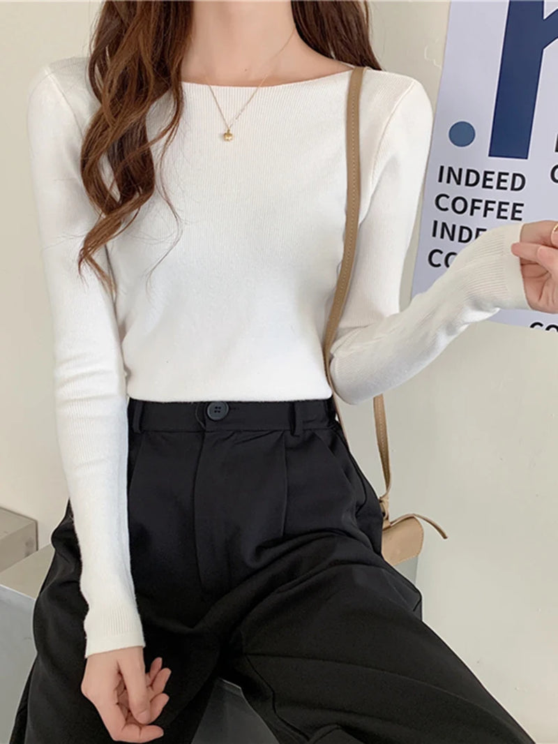 Autumn Winter Women Sweaters Slash Neck Slim Knitted Pullovers Chic Basic Solid Jumper Female Sweater Casual Jersey Tops