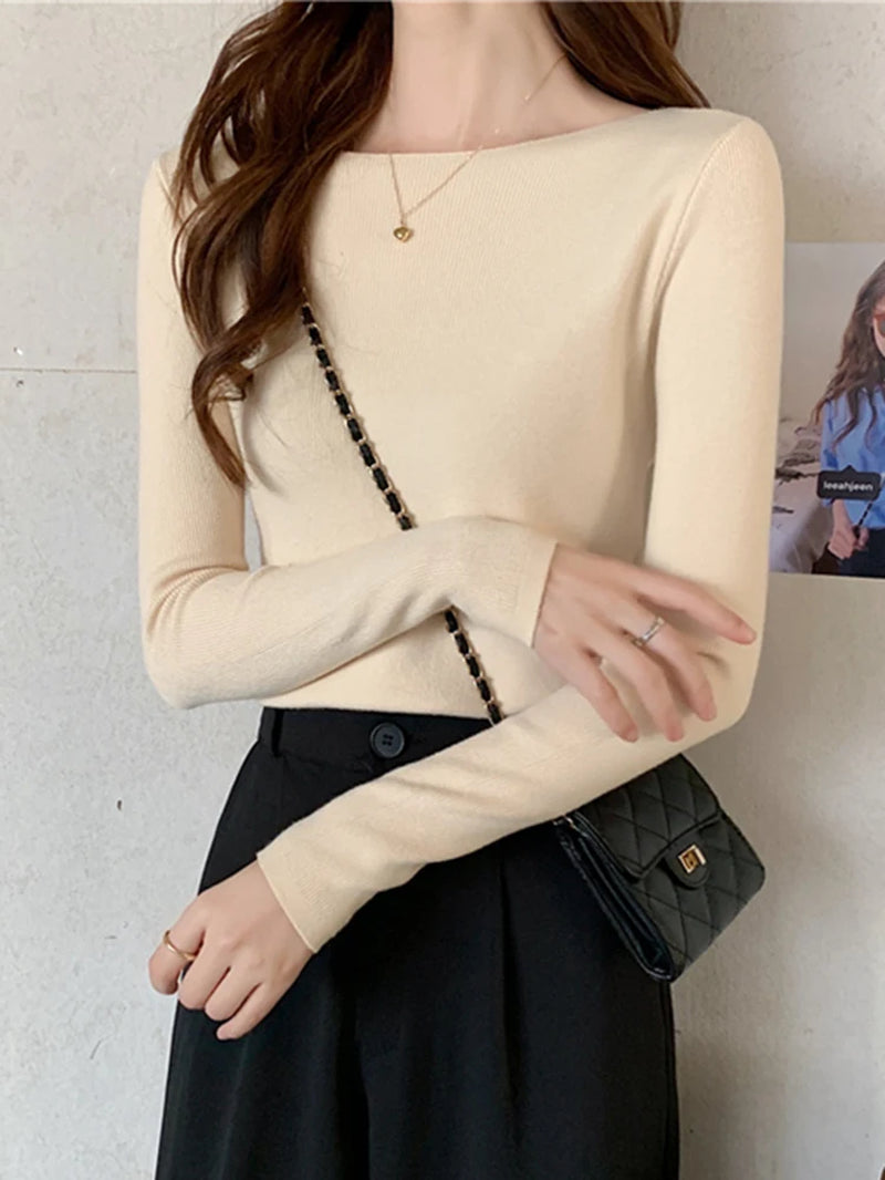 Autumn Winter Women Sweaters Slash Neck Slim Knitted Pullovers Chic Basic Solid Jumper Female Sweater Casual Jersey Tops