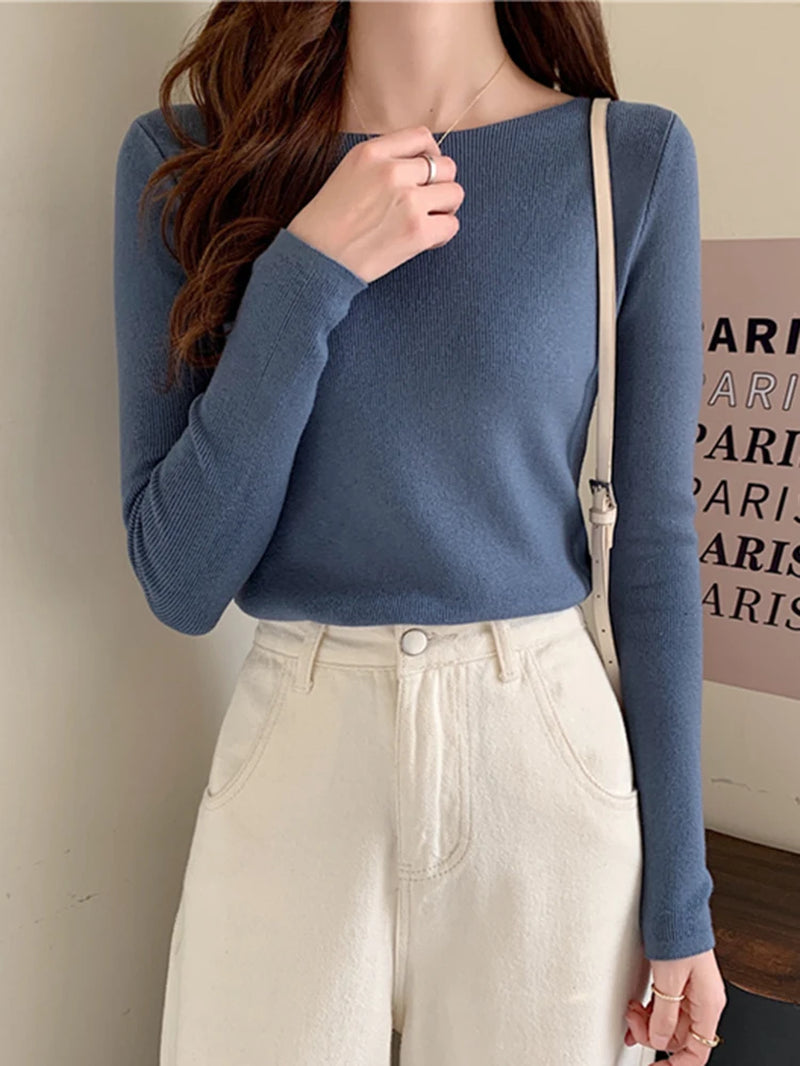 Autumn Winter Women Sweaters Slash Neck Slim Knitted Pullovers Chic Basic Solid Jumper Female Sweater Casual Jersey Tops
