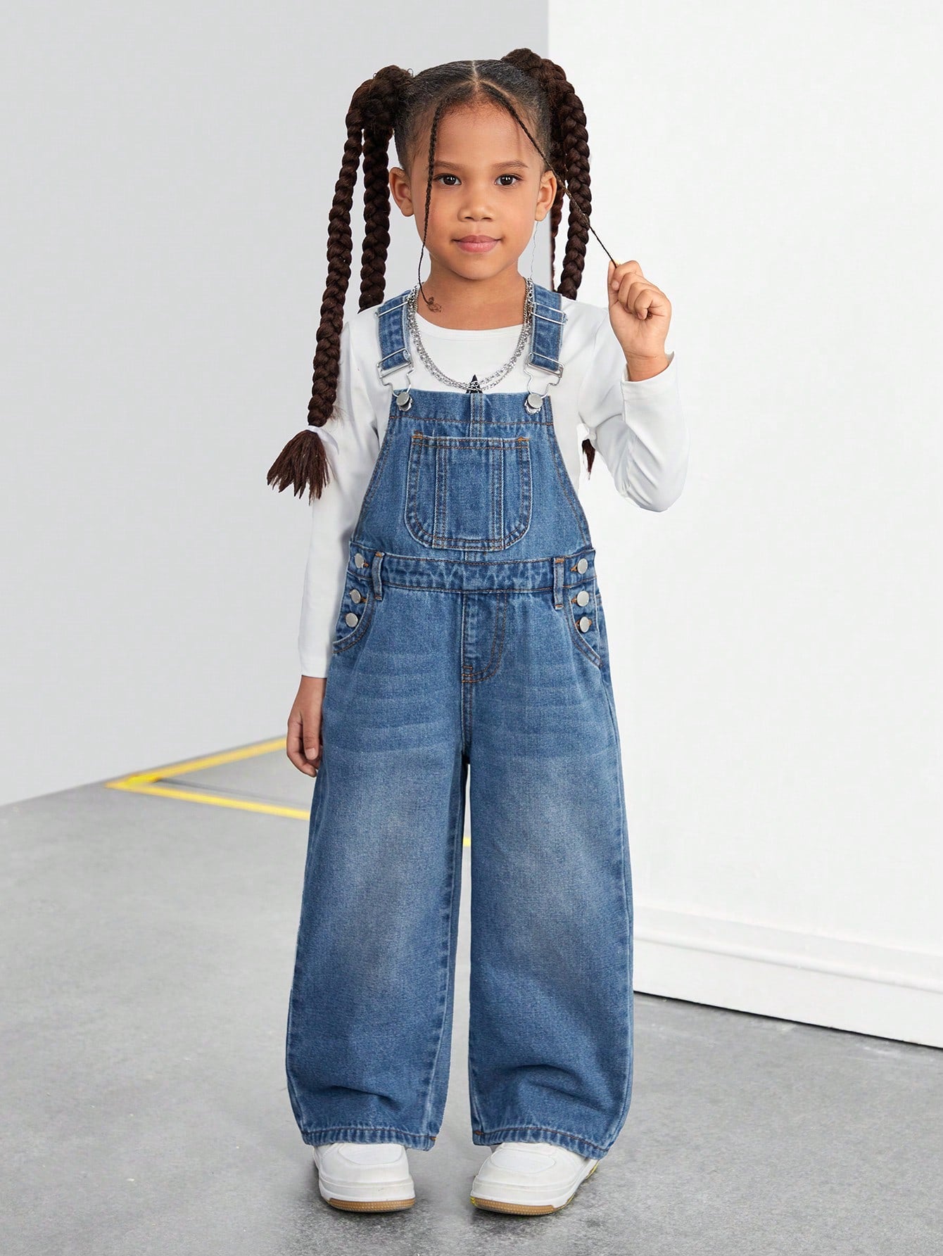 Young Girl Pocket Wide Leg Loose Casual Denim Bib Pants