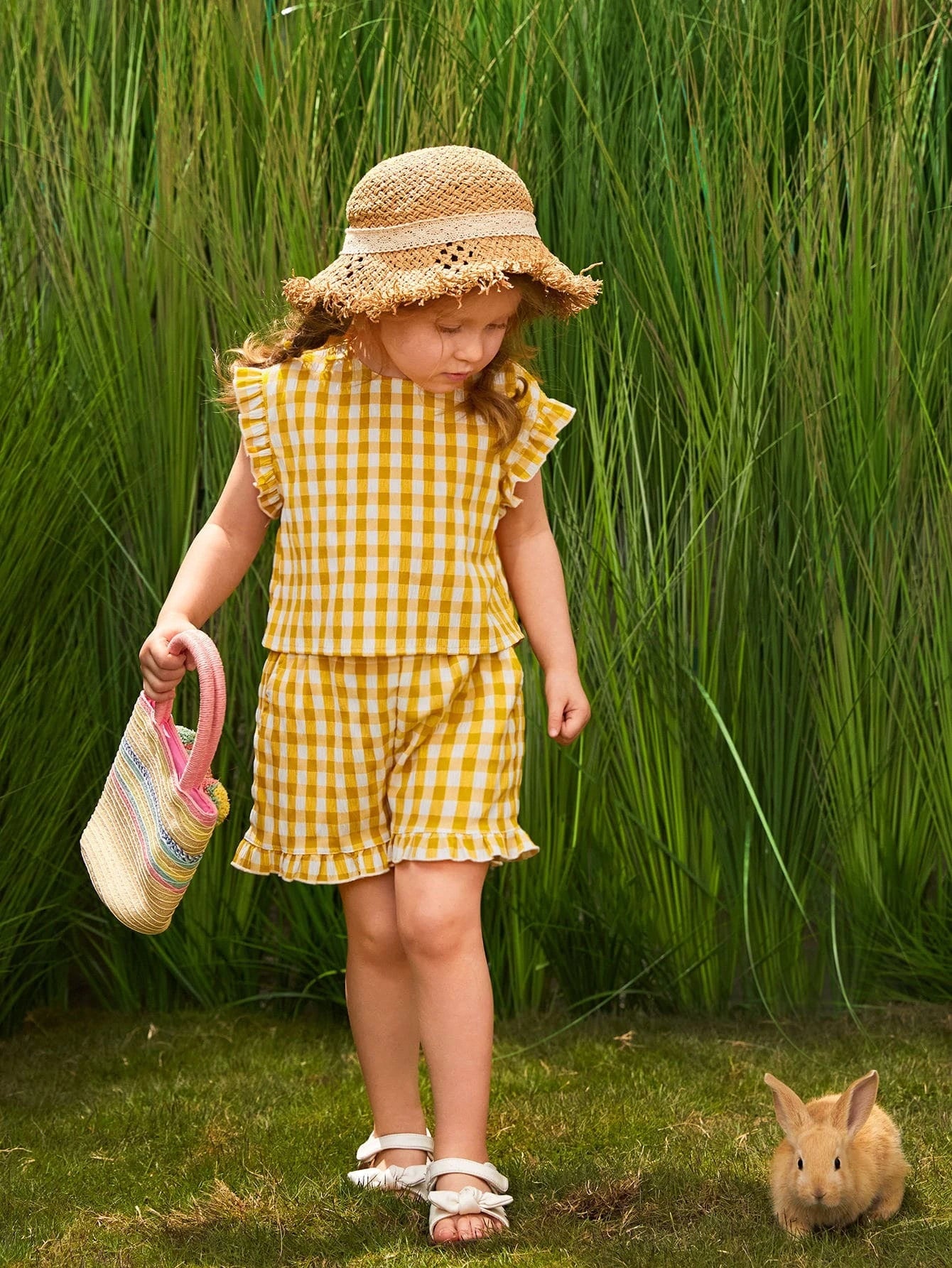 Young Girl Gingham Print Frill Wrap Blouse & Shorts Set