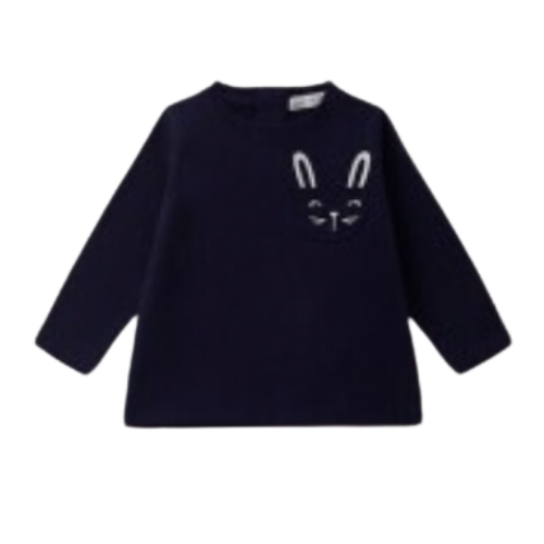 Camiseta azul marino con carita de conejo para bebé