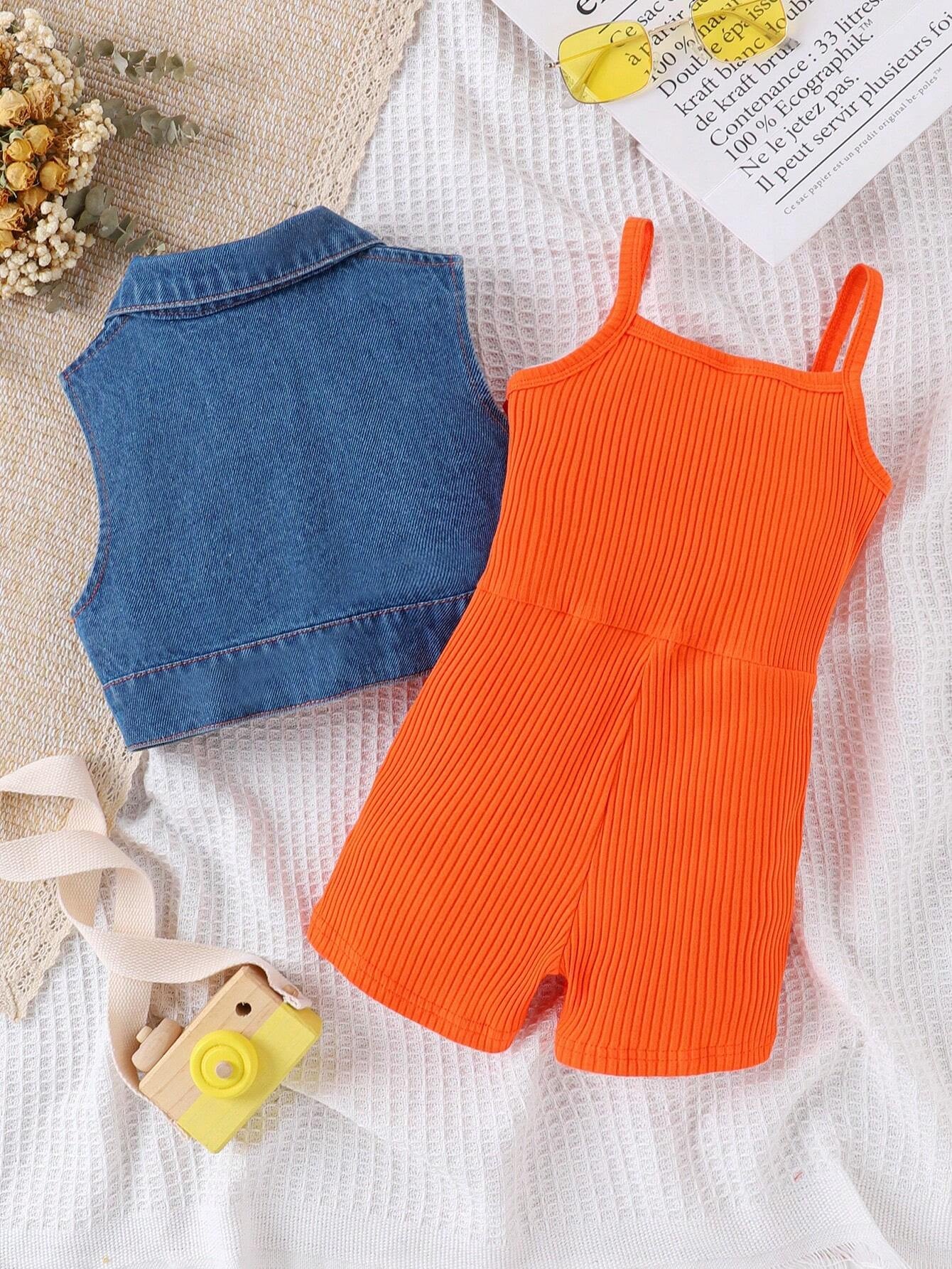 Young Girl Flap Detail Denim Vest & Rib-Knit Cami Romper