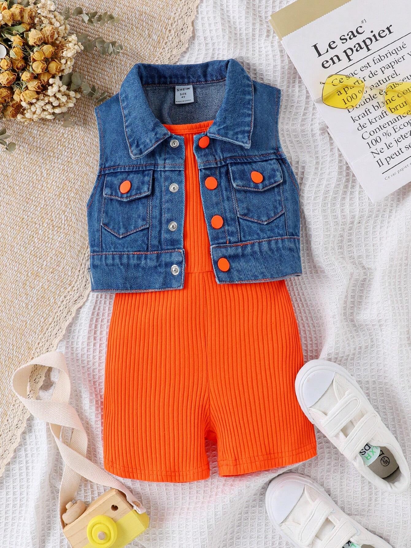 Young Girl Flap Detail Denim Vest & Rib-Knit Cami Romper