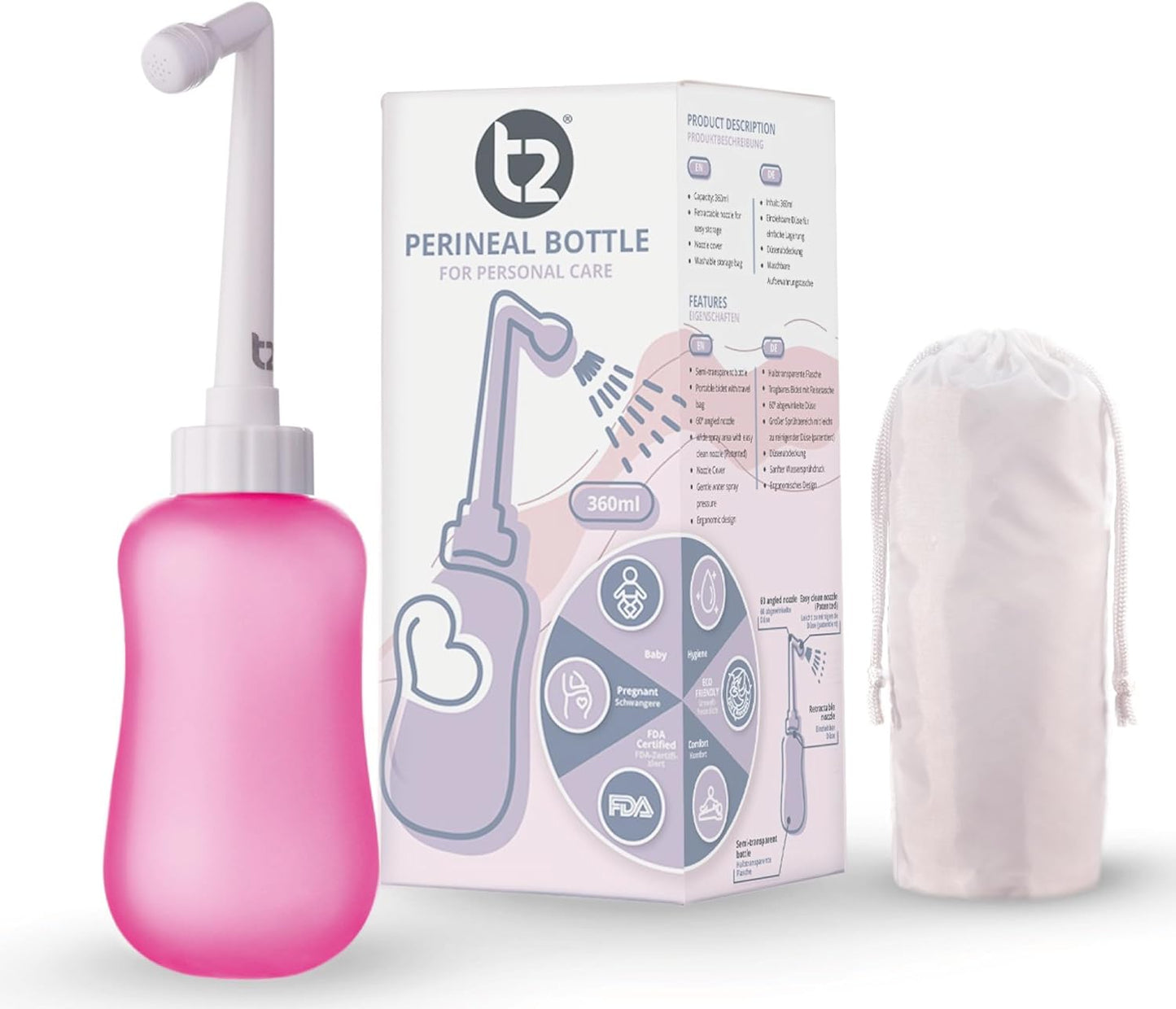 Botella Peri Bidé Portatil Para Cuidado Posparto, Alivio Del Dolor Perineal - Exprimible 360Ml Con Boquilla 60° - Bolsa De Almacenamiento Lavable Y De Maternidad Para Hospital, Regalo Futura Mama