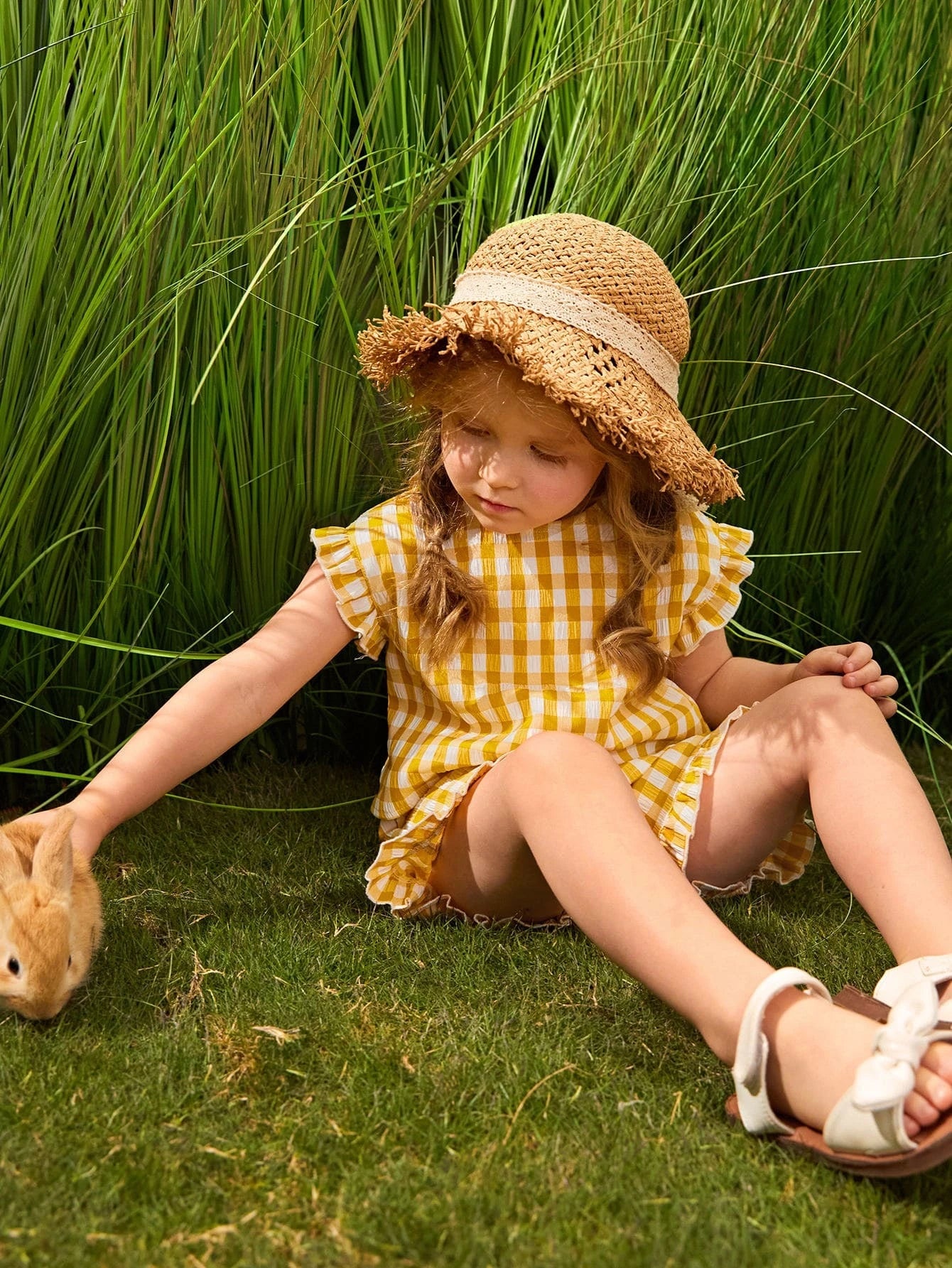 Young Girl Gingham Print Frill Wrap Blouse & Shorts Set