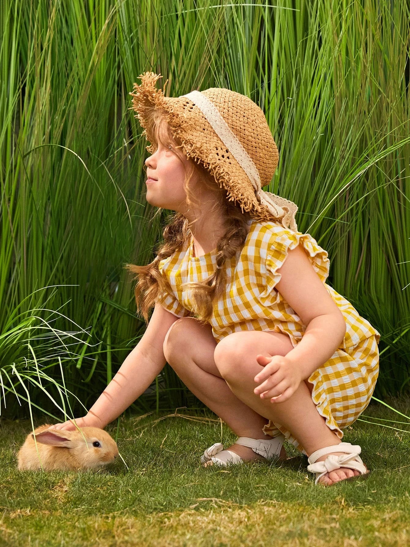 Young Girl Gingham Print Frill Wrap Blouse & Shorts Set