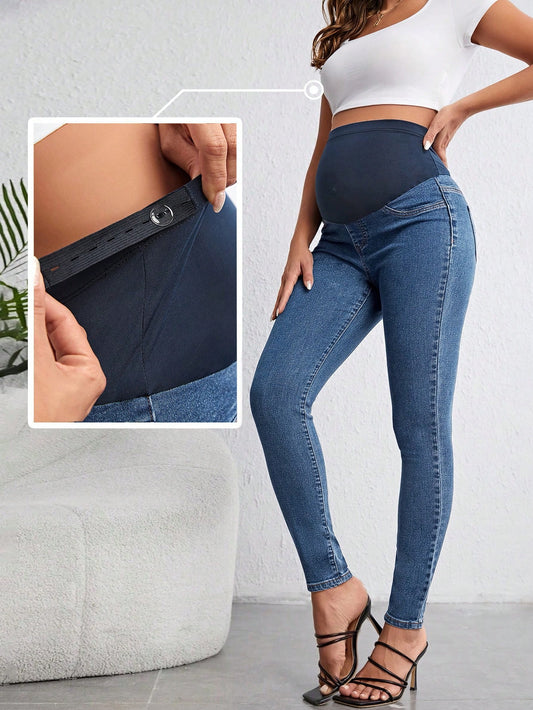 Pregnant Women Color Block Splicing High Waisted Slim Fit Denim Pants for Maternity Jeans