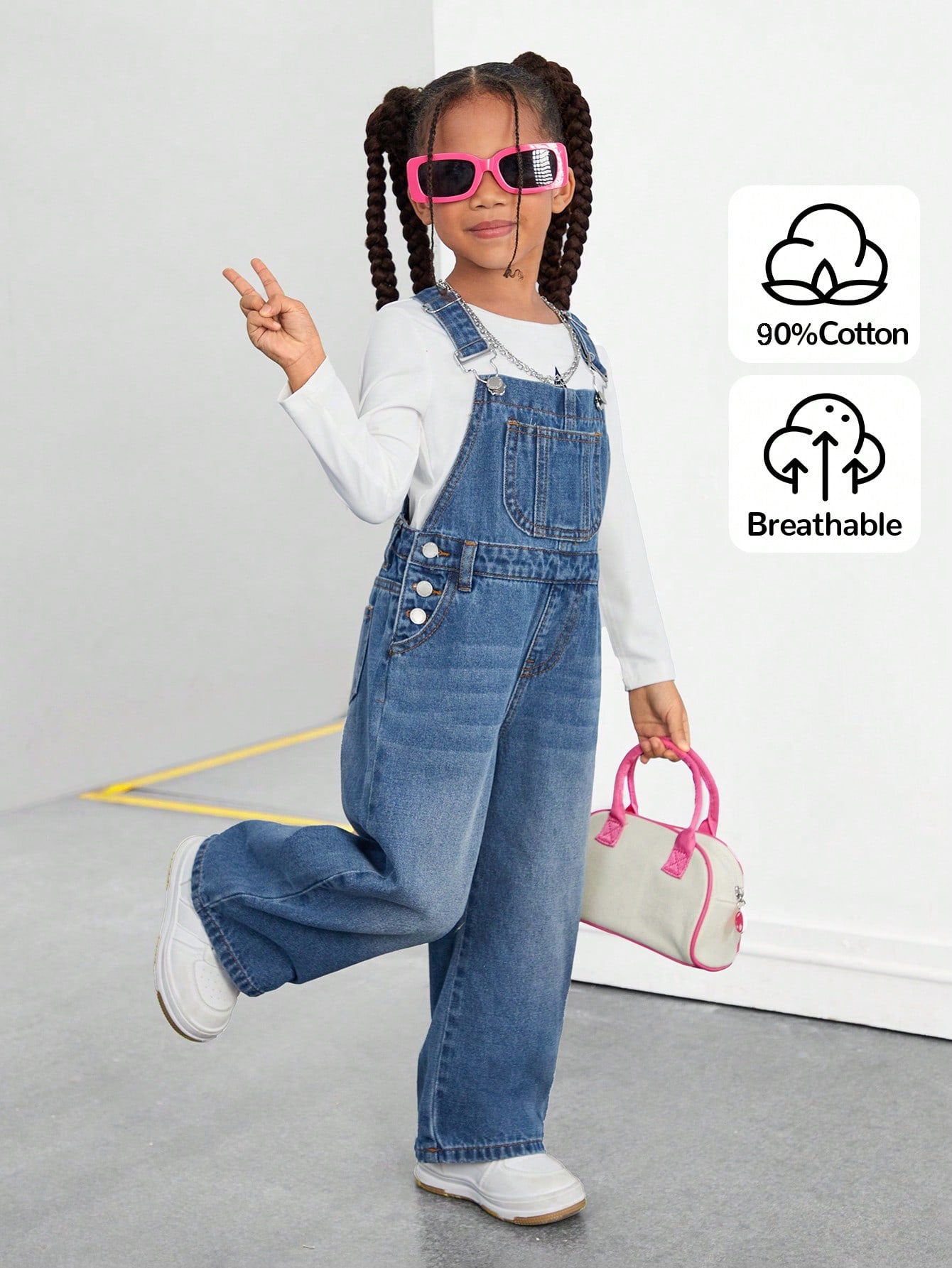 Young Girl Pocket Wide Leg Loose Casual Denim Bib Pants