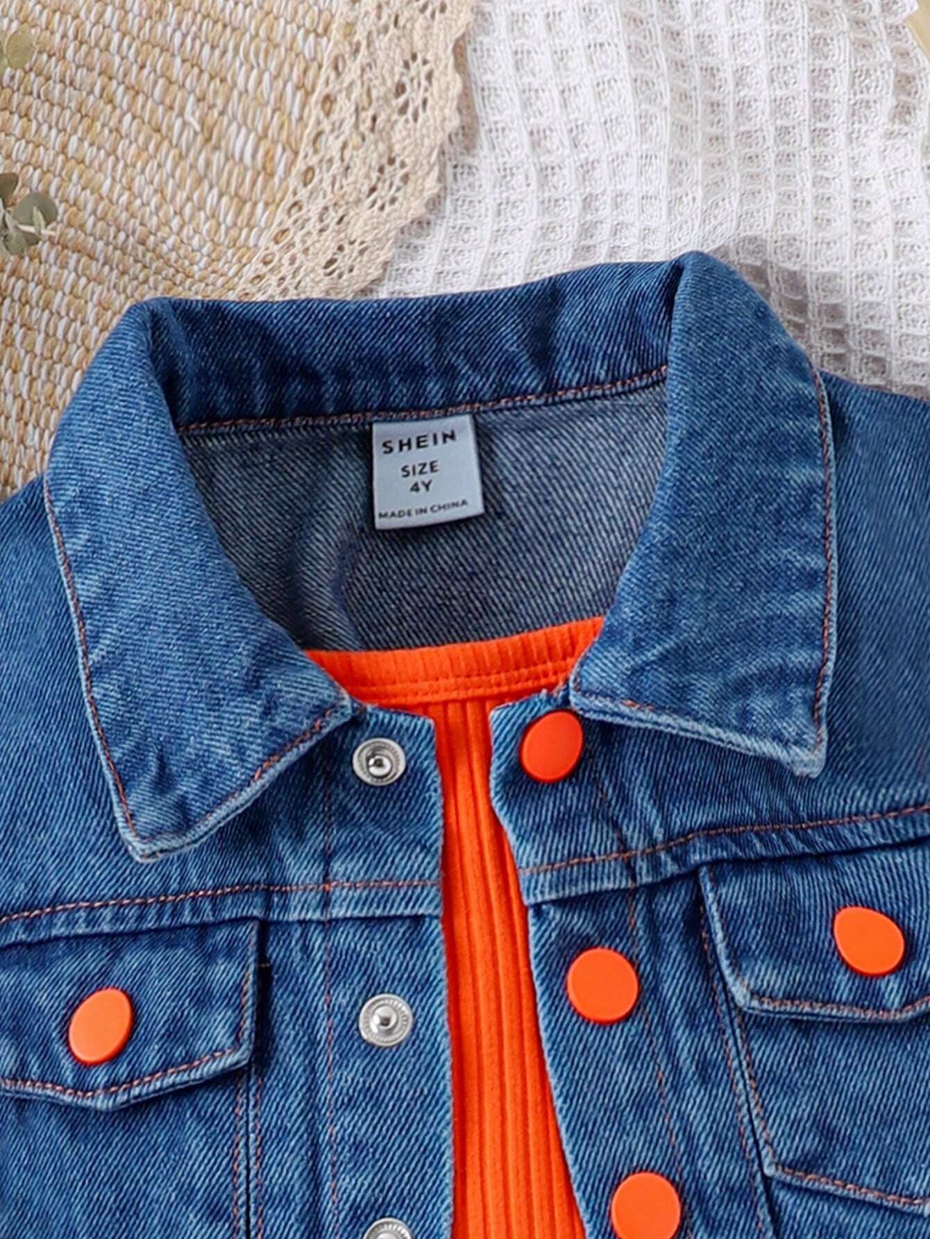 Young Girl Flap Detail Denim Vest & Rib-Knit Cami Romper