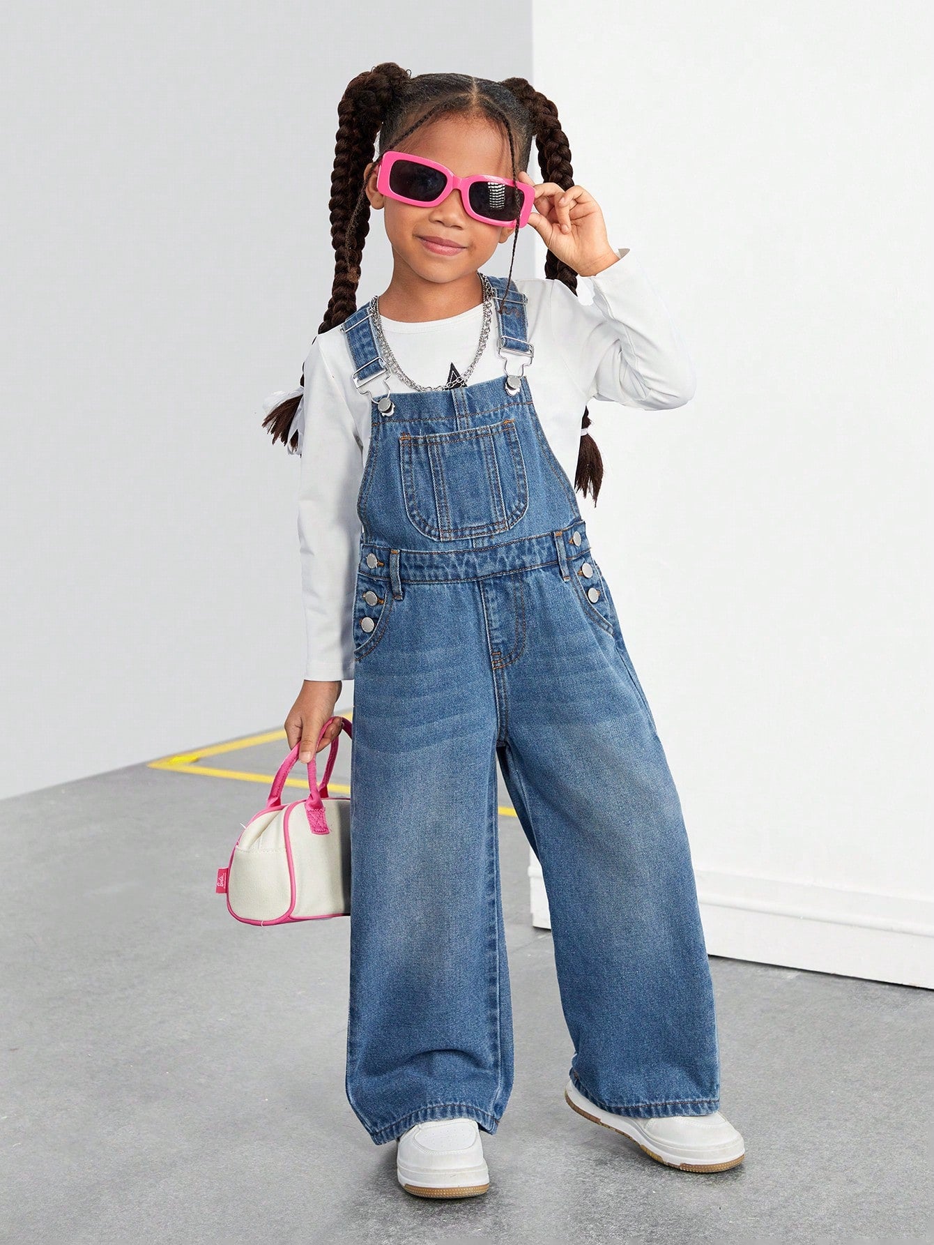 Young Girl Pocket Wide Leg Loose Casual Denim Bib Pants