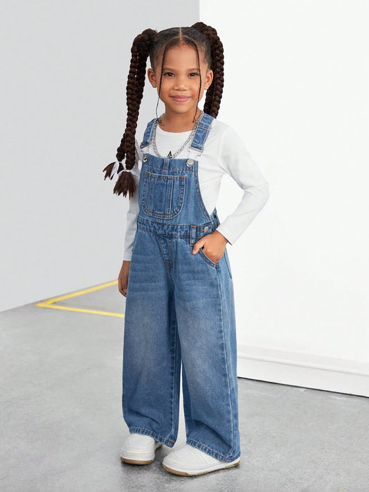 Young Girl Pocket Wide Leg Loose Casual Denim Bib Pants