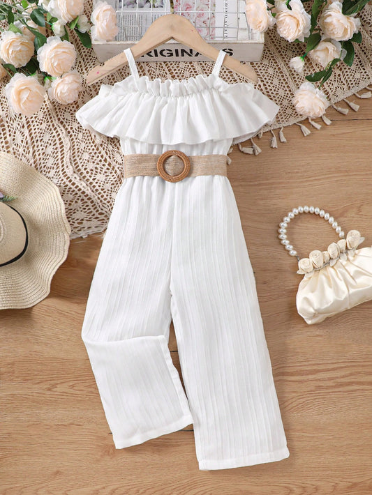 Young Girl Off-Shoulder Jumpsuit with Ruffle Trim