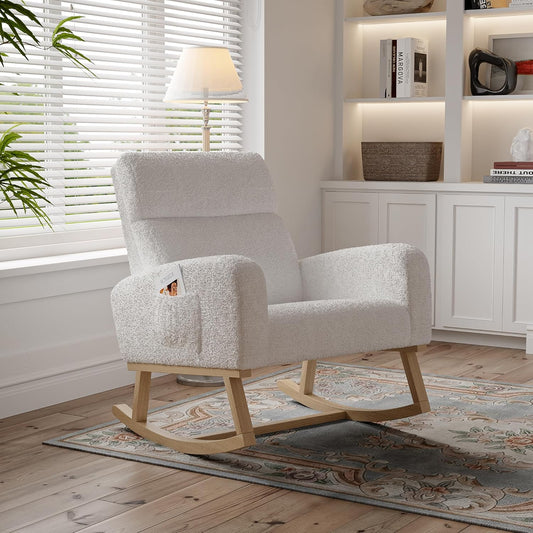 BRILVERDE Mecedora De Lactancia, Silla De Relax Con Piel De Cordero Blanca, Adhesivo Antideslizante, Para Salón Y Balcón, Color Blanco (Lana De Cordero)