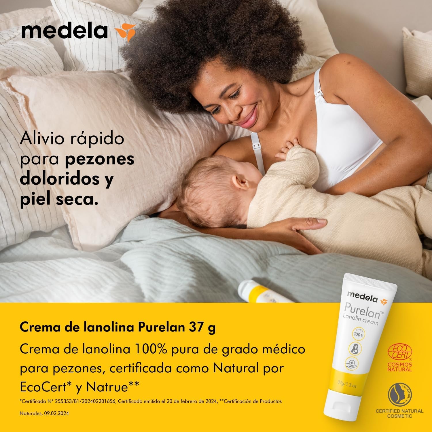 Medela Crema De Lanolina Purelan Para Pezones, Alivio Para Pezones Doloridos Y Piel Seca, a Base De Ingredientes Naturales, Hipoalergénica Y Probada Dermatológicamente, Sin Fragancia, 37 G
