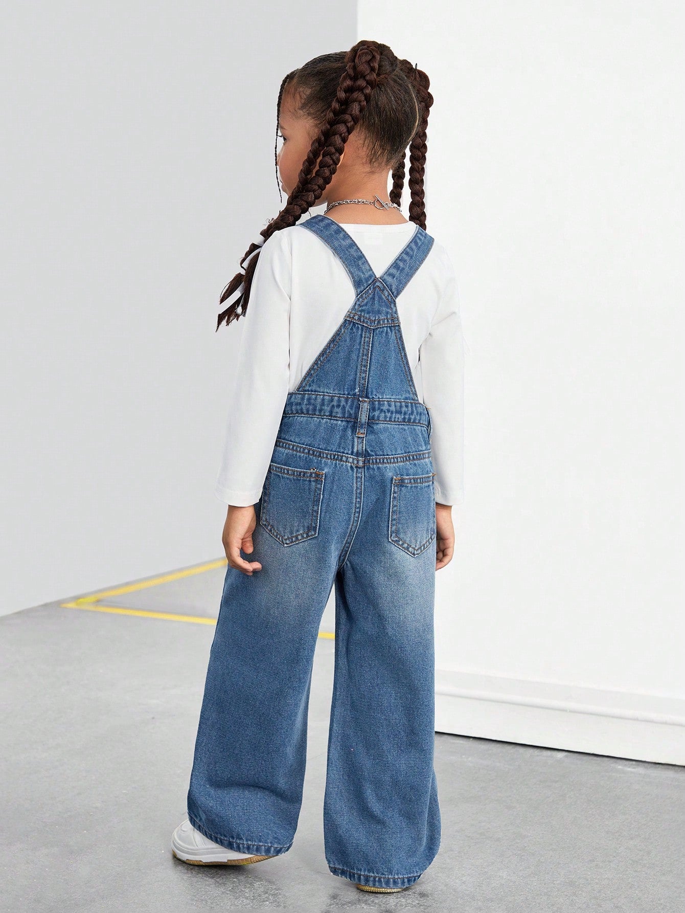 Young Girl Pocket Wide Leg Loose Casual Denim Bib Pants