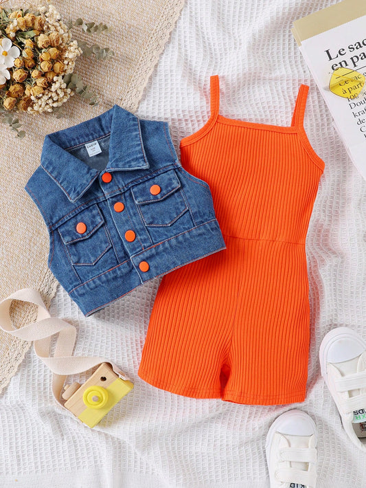 Young Girl Flap Detail Denim Vest & Rib-Knit Cami Romper