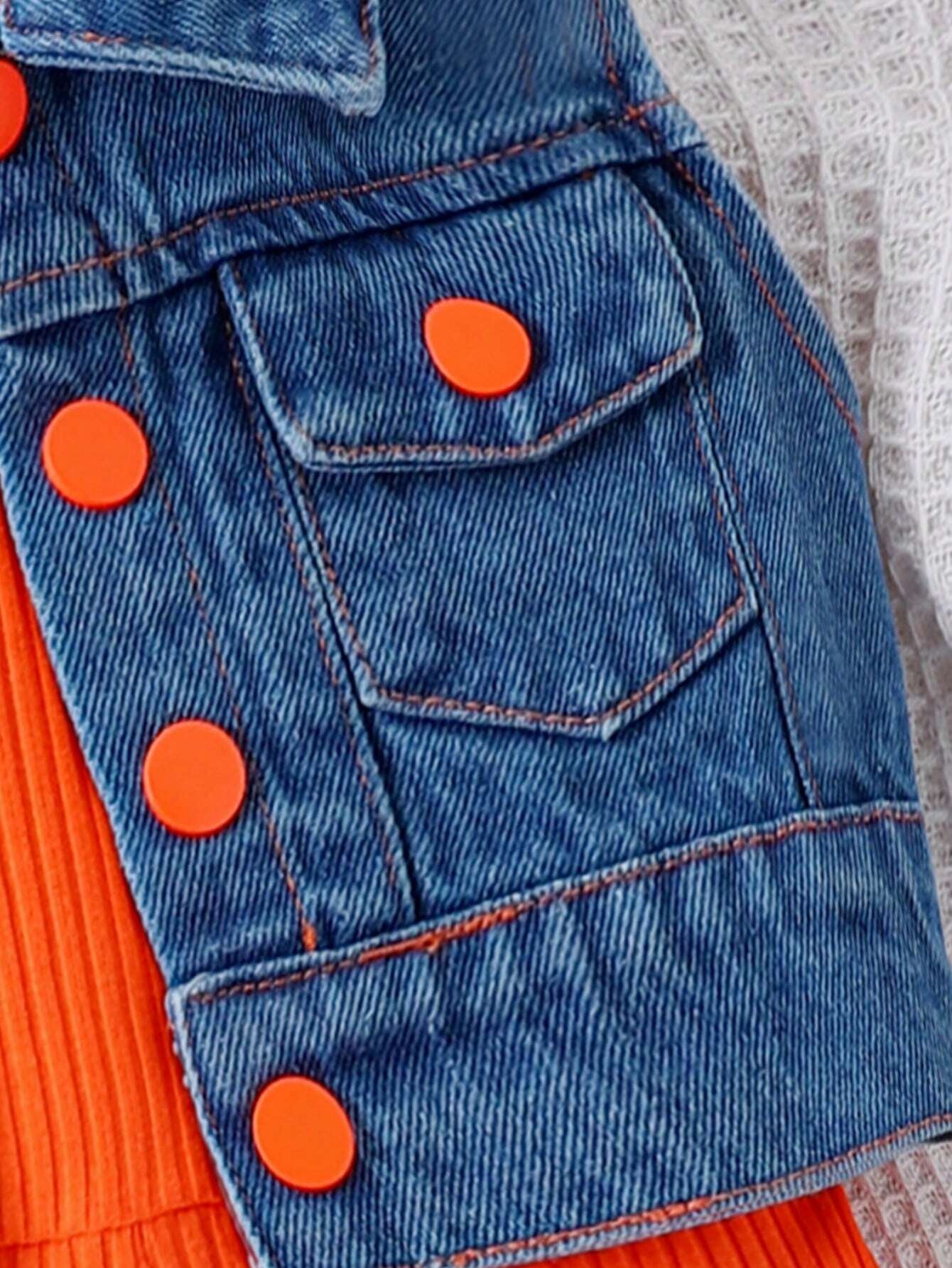 Young Girl Flap Detail Denim Vest & Rib-Knit Cami Romper
