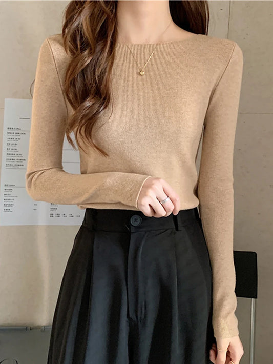 Autumn Winter Women Sweaters Slash Neck Slim Knitted Pullovers Chic Basic Solid Jumper Female Sweater Casual Jersey Tops
