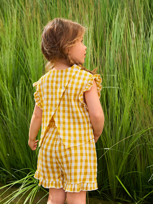 Young Girl Gingham Print Frill Wrap Blouse & Shorts Set